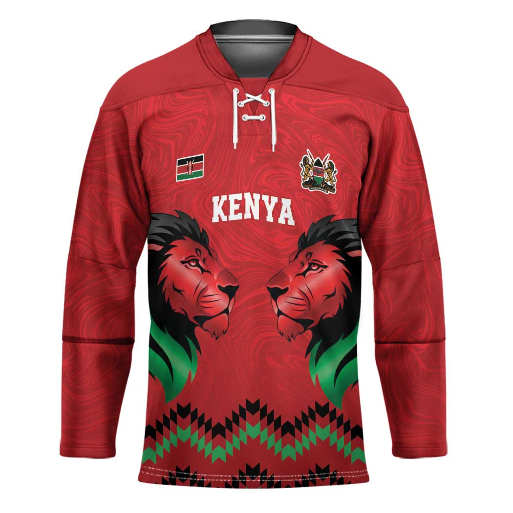 Kenya Cricket Custom Hockey Jersey Red Lion Head with Kenyan Pattern - Wonder Print Shop