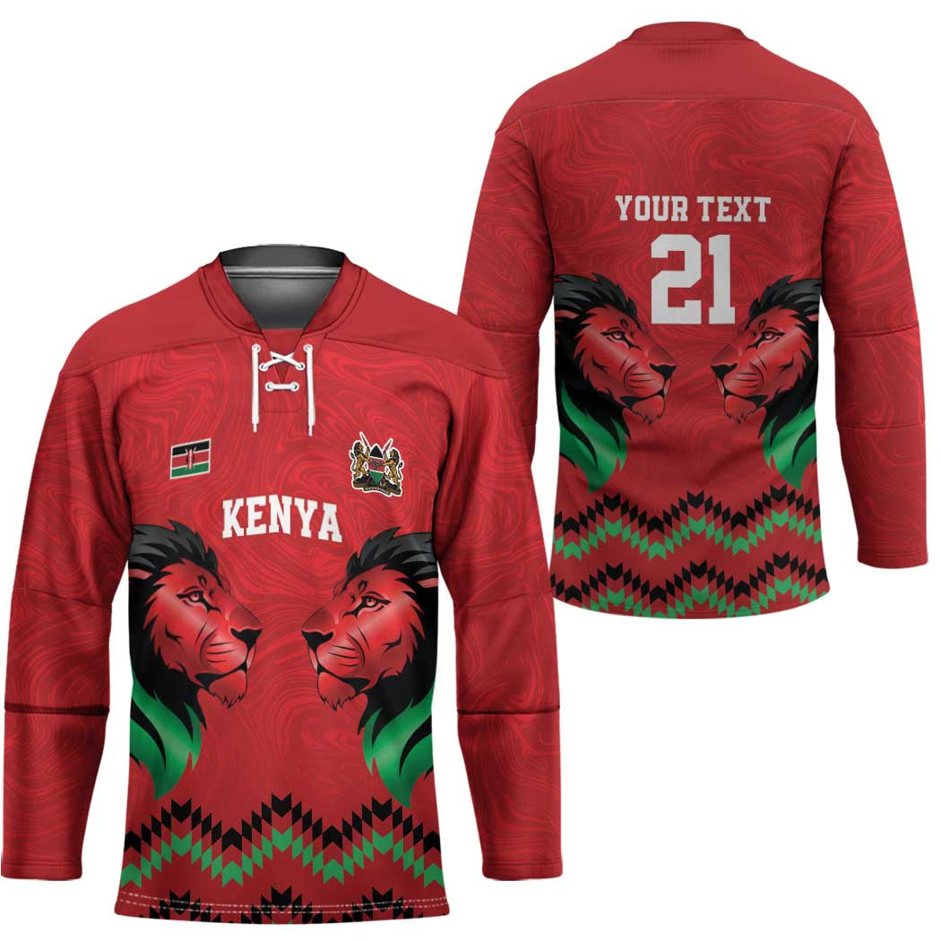 Kenya Cricket Custom Hockey Jersey Red Lion Head with Kenyan Pattern - Wonder Print Shop