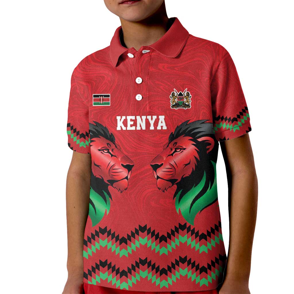 Kenya Cricket Custom Kid Polo Shirt Red Lion Head with Kenyan Pattern - Wonder Print Shop