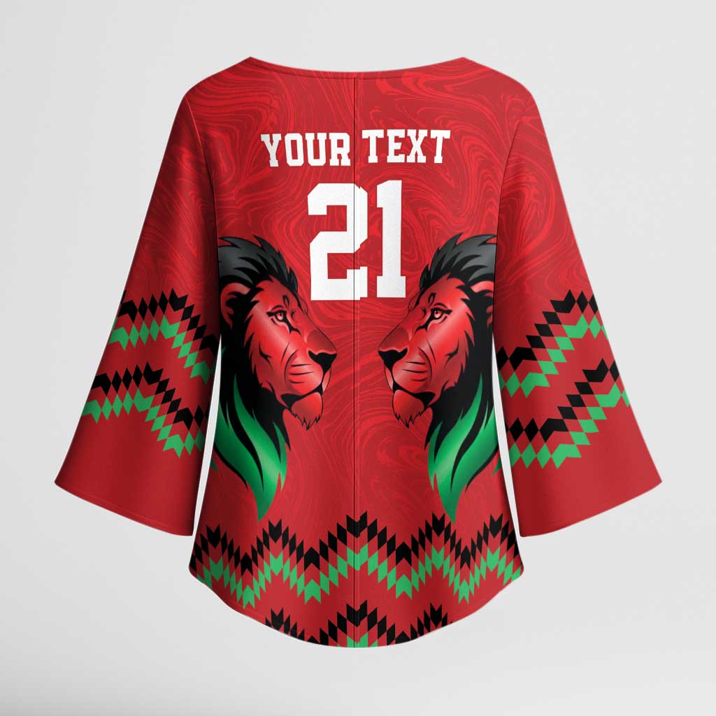 Kenya Cricket Custom Kimono Sleeve Blouse Red Lion Head with Kenyan Pattern - Wonder Print Shop