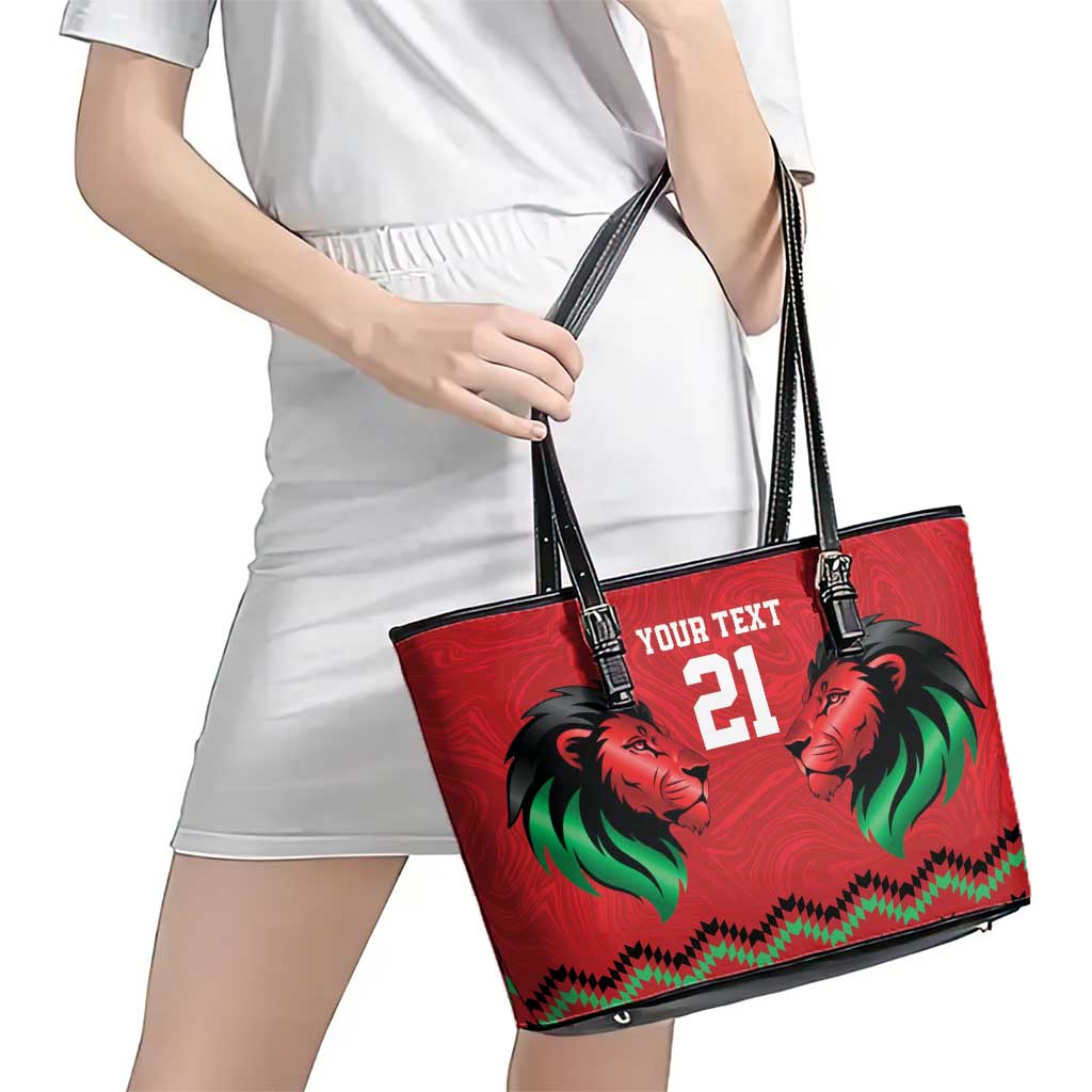 Kenya Cricket Custom Leather Tote Bag Red Lion Head with Kenyan Pattern - Wonder Print Shop