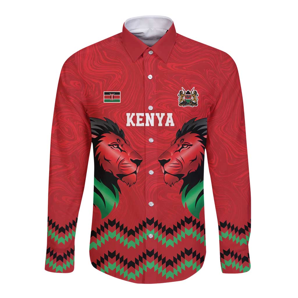 Kenya Cricket Custom Long Sleeve Button Shirt Red Lion Head with Kenyan Pattern - Wonder Print Shop