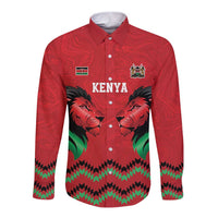 Kenya Cricket Custom Long Sleeve Button Shirt Red Lion Head with Kenyan Pattern - Wonder Print Shop