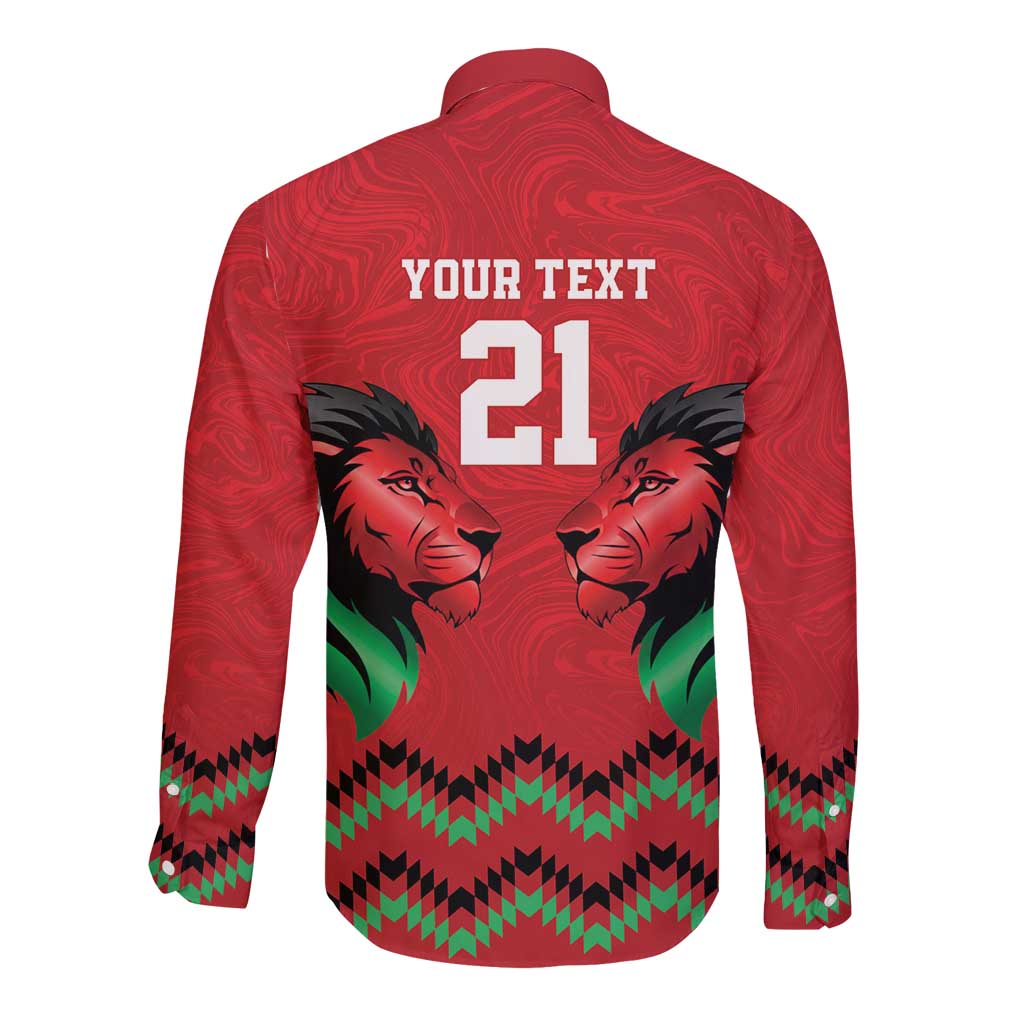 Kenya Cricket Custom Long Sleeve Button Shirt Red Lion Head with Kenyan Pattern - Wonder Print Shop