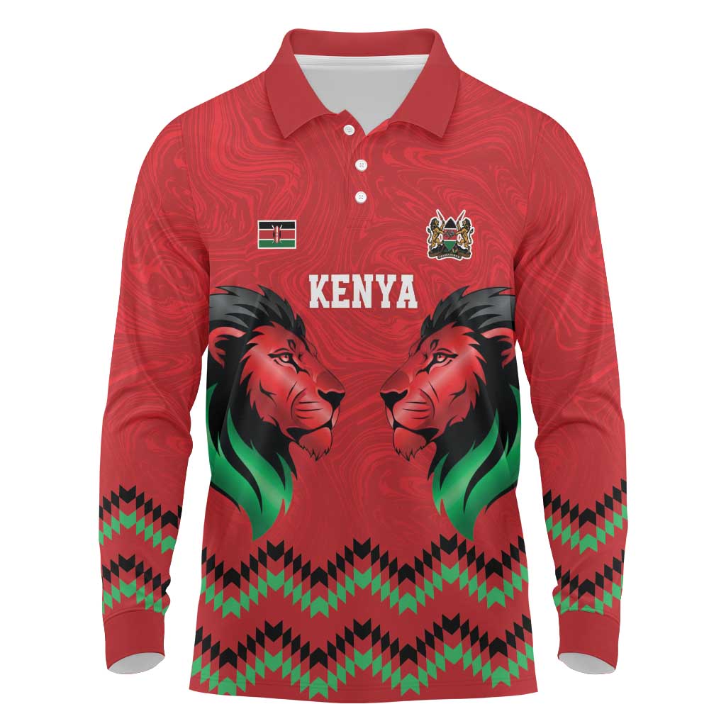 Kenya Cricket Custom Long Sleeve Polo Shirt Red Lion Head with Kenyan Pattern - Wonder Print Shop
