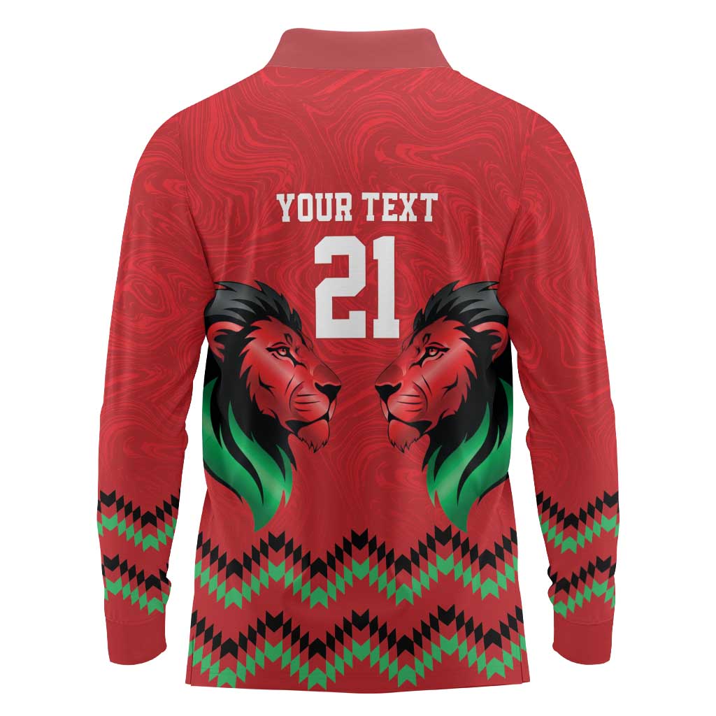 Kenya Cricket Custom Long Sleeve Polo Shirt Red Lion Head with Kenyan Pattern - Wonder Print Shop