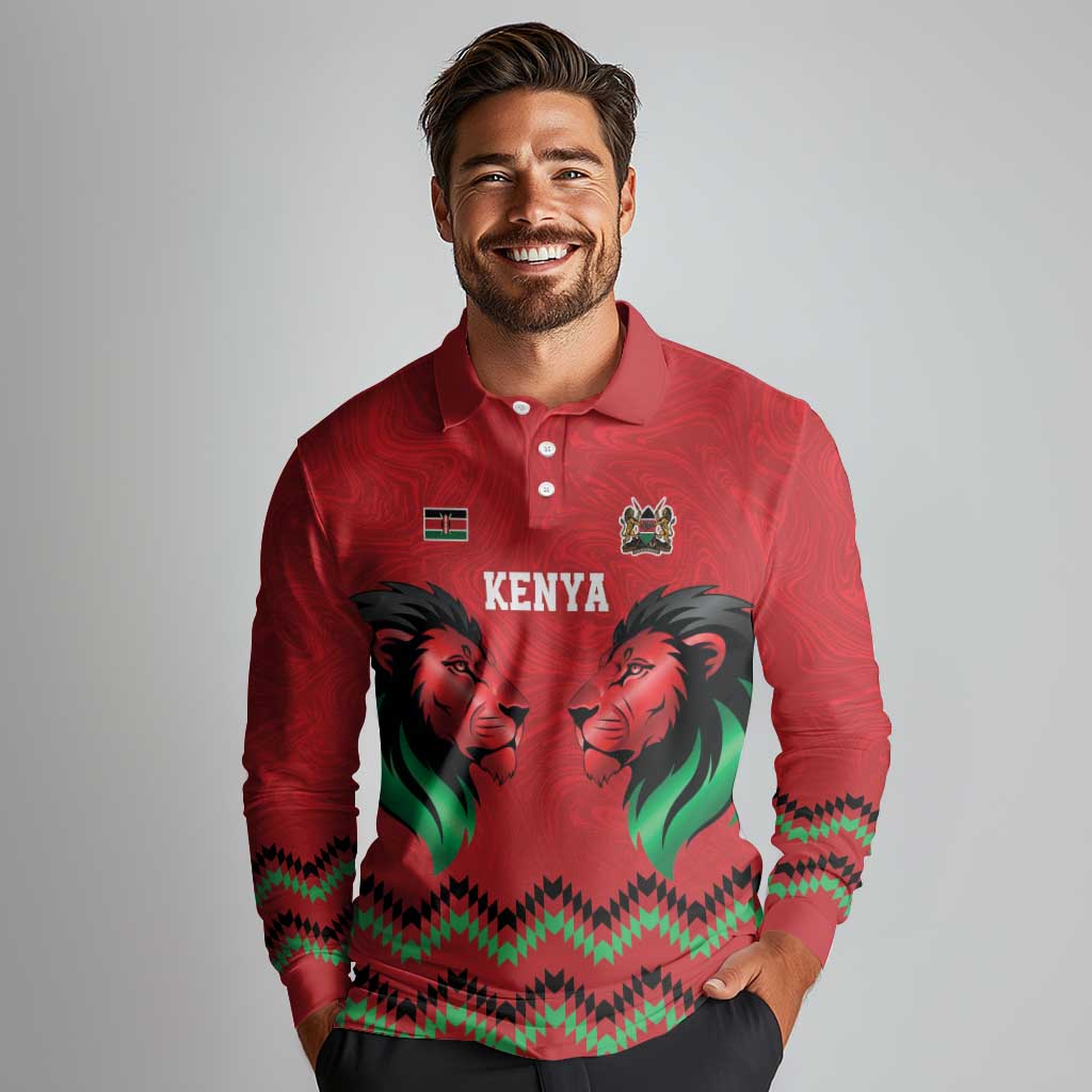 Kenya Cricket Custom Long Sleeve Polo Shirt Red Lion Head with Kenyan Pattern - Wonder Print Shop