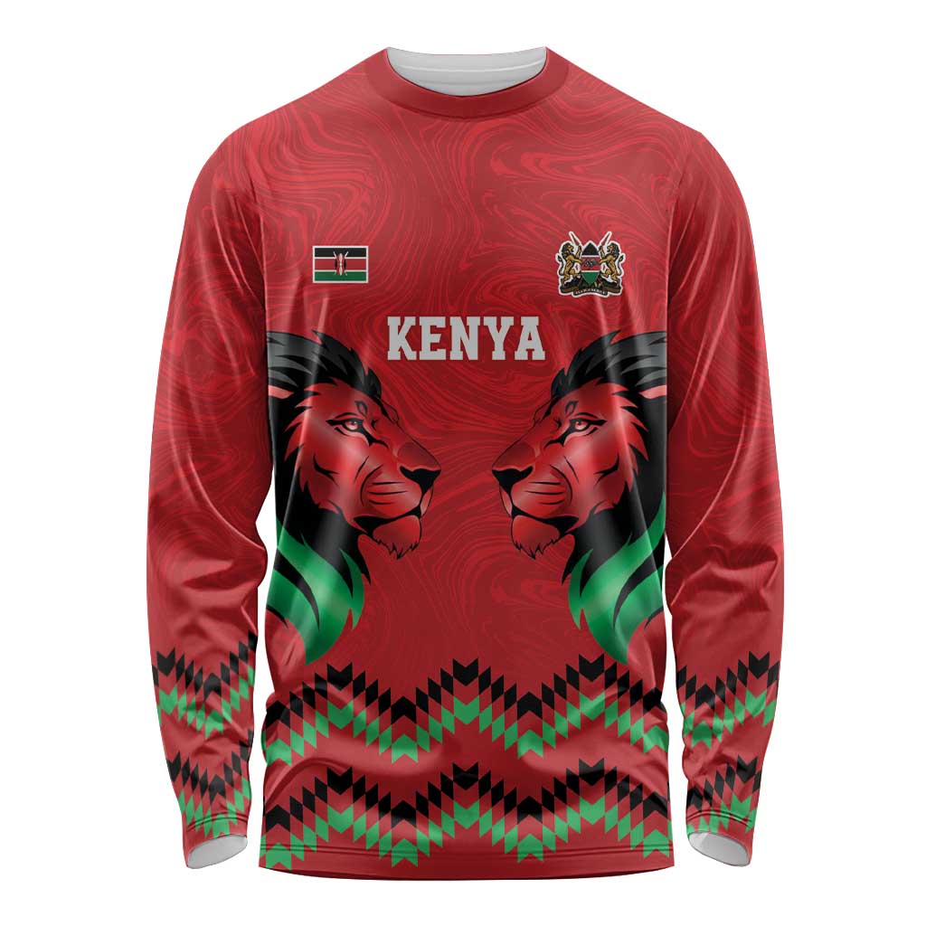 Kenya Cricket Custom Long Sleeve Shirt Red Lion Head with Kenyan Pattern - Wonder Print Shop