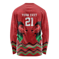 Kenya Cricket Custom Long Sleeve Shirt Red Lion Head with Kenyan Pattern - Wonder Print Shop