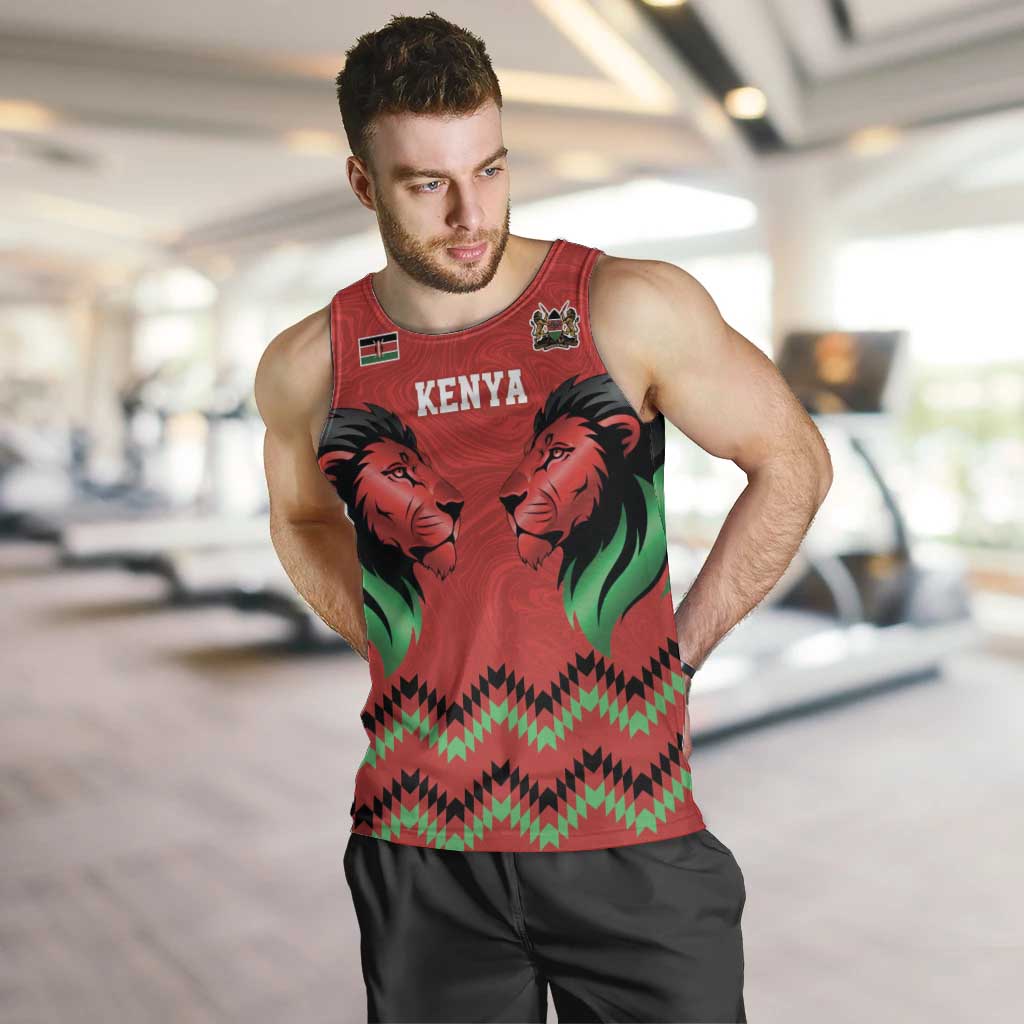Kenya Cricket Custom Men Tank Top Red Lion Head with Kenyan Pattern - Wonder Print Shop