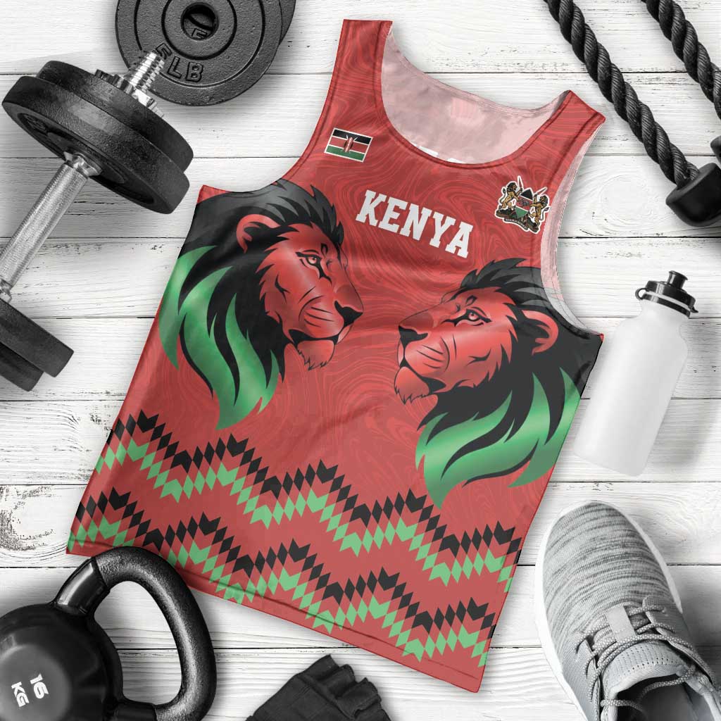 Kenya Cricket Custom Men Tank Top Red Lion Head with Kenyan Pattern - Wonder Print Shop