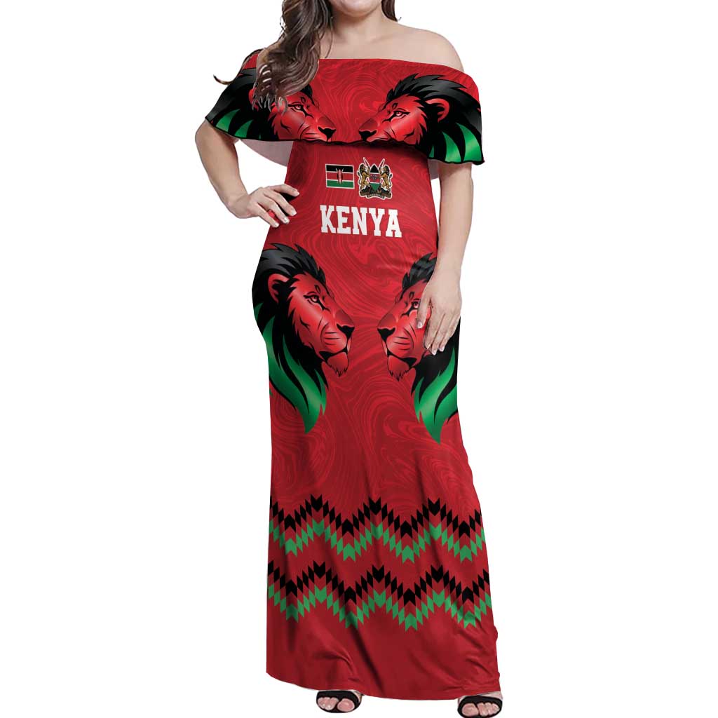 Kenya Cricket Custom Off Shoulder Maxi Dress Red Lion Head with Kenyan Pattern - Wonder Print Shop