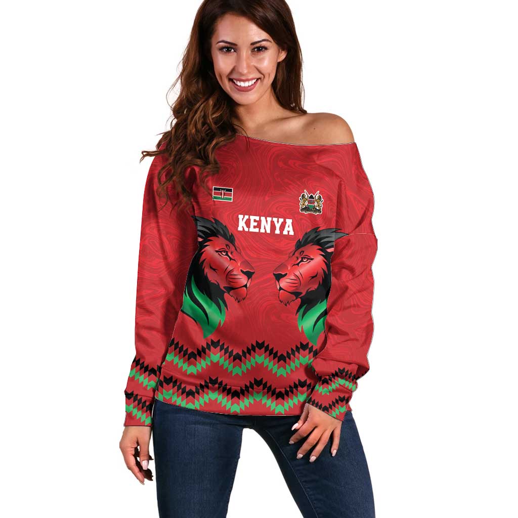 Kenya Cricket Custom Off Shoulder Sweater Red Lion Head with Kenyan Pattern - Wonder Print Shop