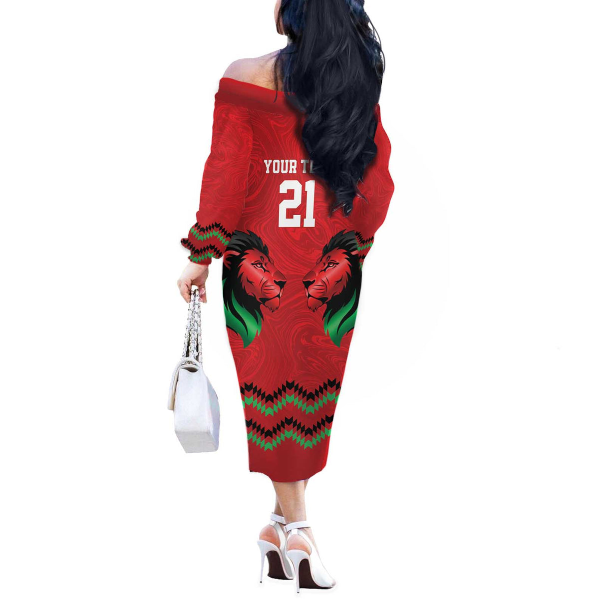 Kenya Cricket Custom Off The Shoulder Long Sleeve Dress Red Lion Head with Kenyan Pattern - Wonder Print Shop
