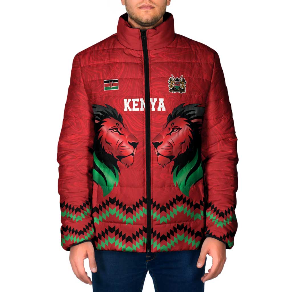 Kenya Cricket Custom Padded Jacket Red Lion Head with Kenyan Pattern - Wonder Print Shop