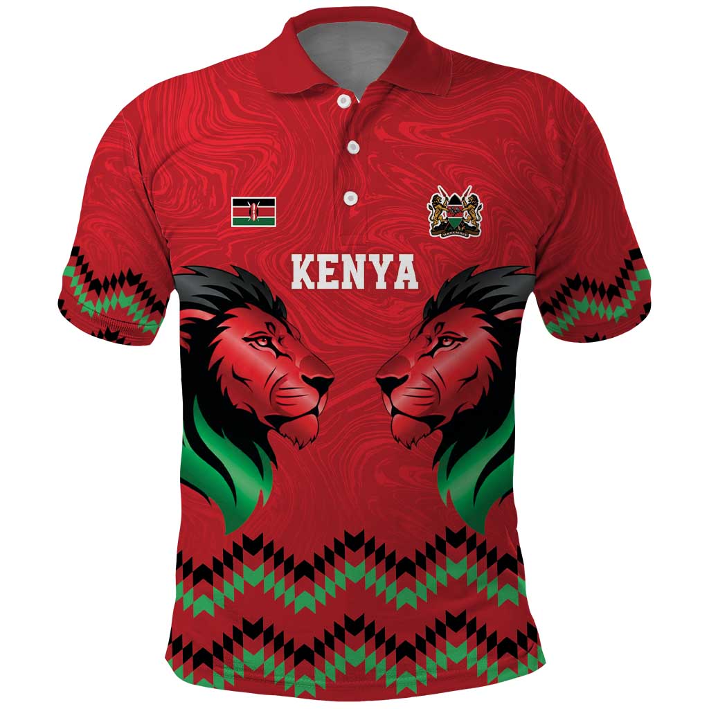Kenya Cricket Custom Polo Shirt Red Lion Head with Kenyan Pattern - Wonder Print Shop