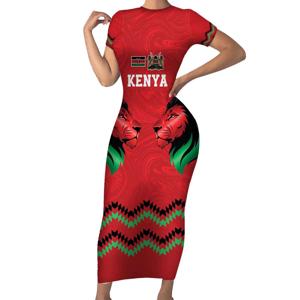 Kenya Cricket Custom Short Sleeve Bodycon Dress Red Lion Head with Kenyan Pattern - Wonder Print Shop