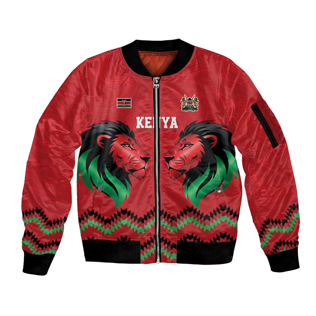 Kenya Cricket Custom Sleeve Zip Bomber Jacket Red Lion Head with Kenyan Pattern - Wonder Print Shop