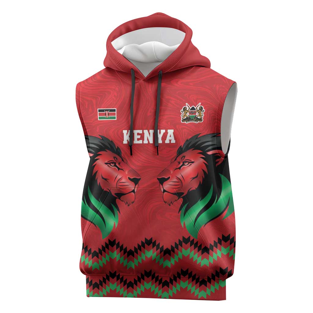Kenya Cricket Custom Sleeveless Hoodie Red Lion Head with Kenyan Pattern - Wonder Print Shop