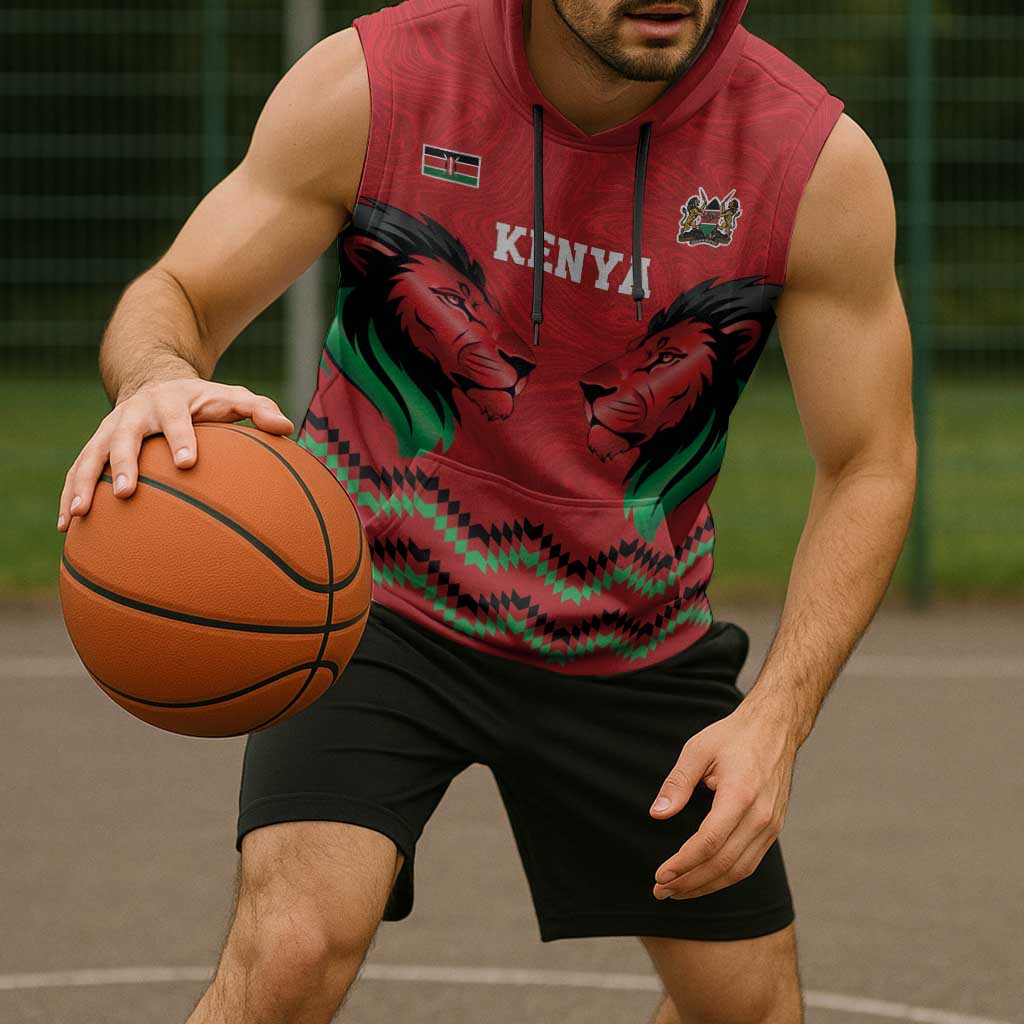 Kenya Cricket Custom Sleeveless Hoodie Red Lion Head with Kenyan Pattern - Wonder Print Shop