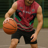 Kenya Cricket Custom Sleeveless Hoodie Red Lion Head with Kenyan Pattern - Wonder Print Shop