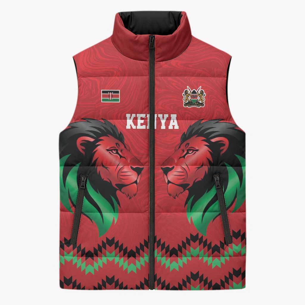 Kenya Cricket Custom Sleeveless Puffer Jacket Red Lion Head with Kenyan Pattern - Wonder Print Shop
