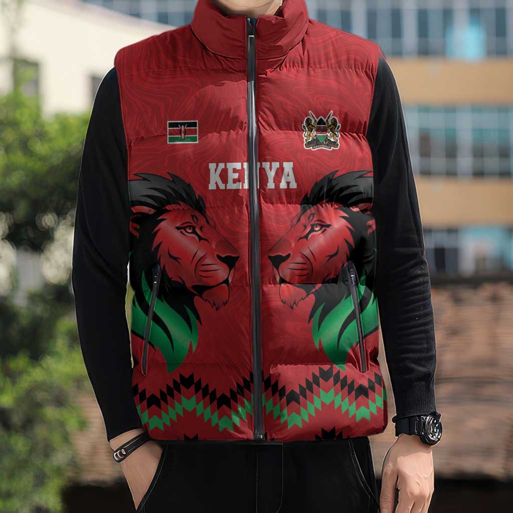 Kenya Cricket Custom Sleeveless Puffer Jacket Red Lion Head with Kenyan Pattern - Wonder Print Shop