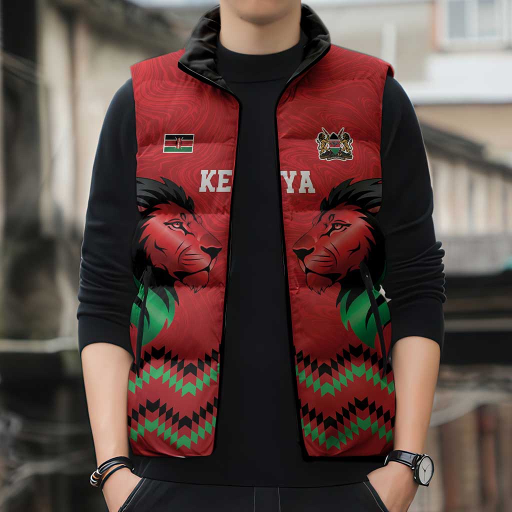 Kenya Cricket Custom Sleeveless Puffer Jacket Red Lion Head with Kenyan Pattern - Wonder Print Shop