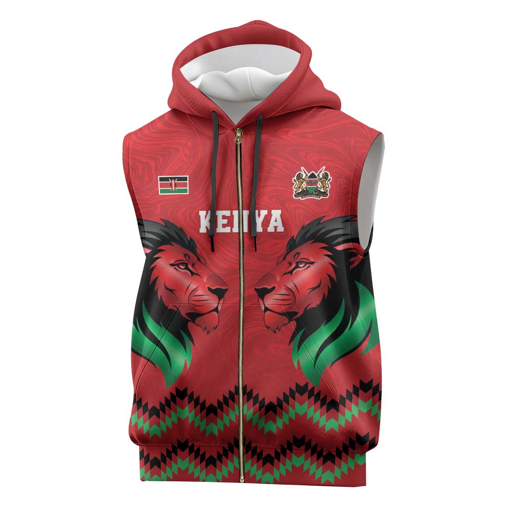 Kenya Cricket Custom Sleeveless Zip Hoodie Red Lion Head with Kenyan Pattern - Wonder Print Shop