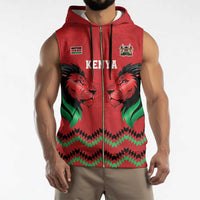 Kenya Cricket Custom Sleeveless Zip Hoodie Red Lion Head with Kenyan Pattern - Wonder Print Shop