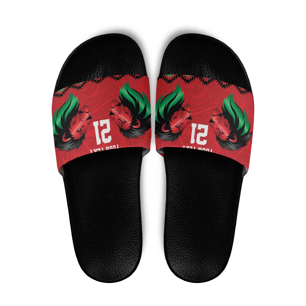 Kenya Cricket Custom Slide Sandals Red Lion Head with Kenyan Pattern - Wonder Print Shop