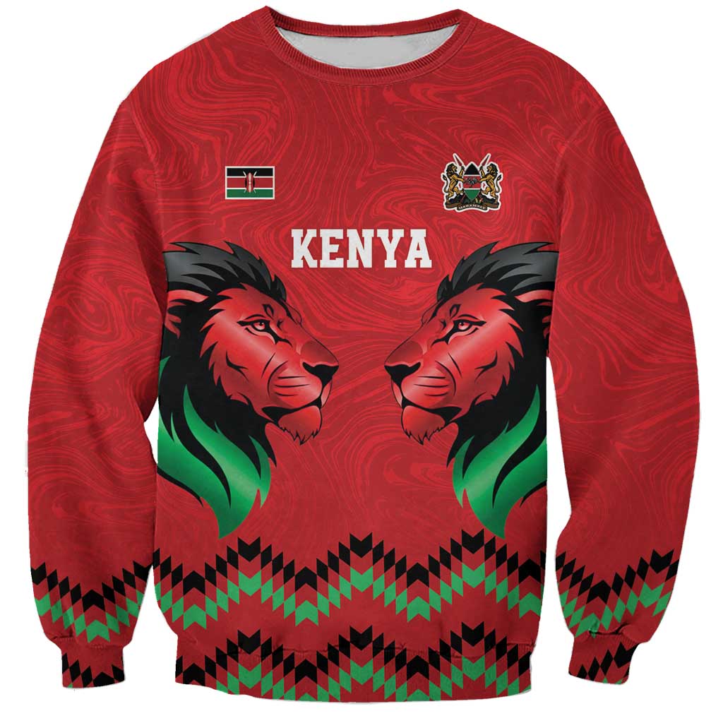Kenya Cricket Custom Sweatshirt Red Lion Head with Kenyan Pattern - Wonder Print Shop