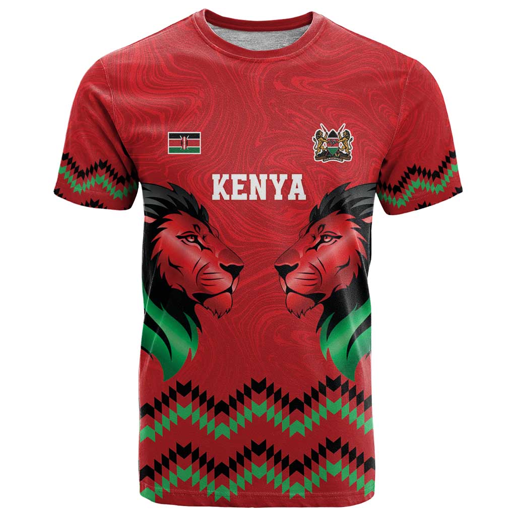 Kenya Cricket Custom T Shirt Red Lion Head with Kenyan Pattern - Wonder Print Shop