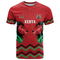 Kenya Cricket Custom T Shirt Red Lion Head with Kenyan Pattern - Wonder Print Shop