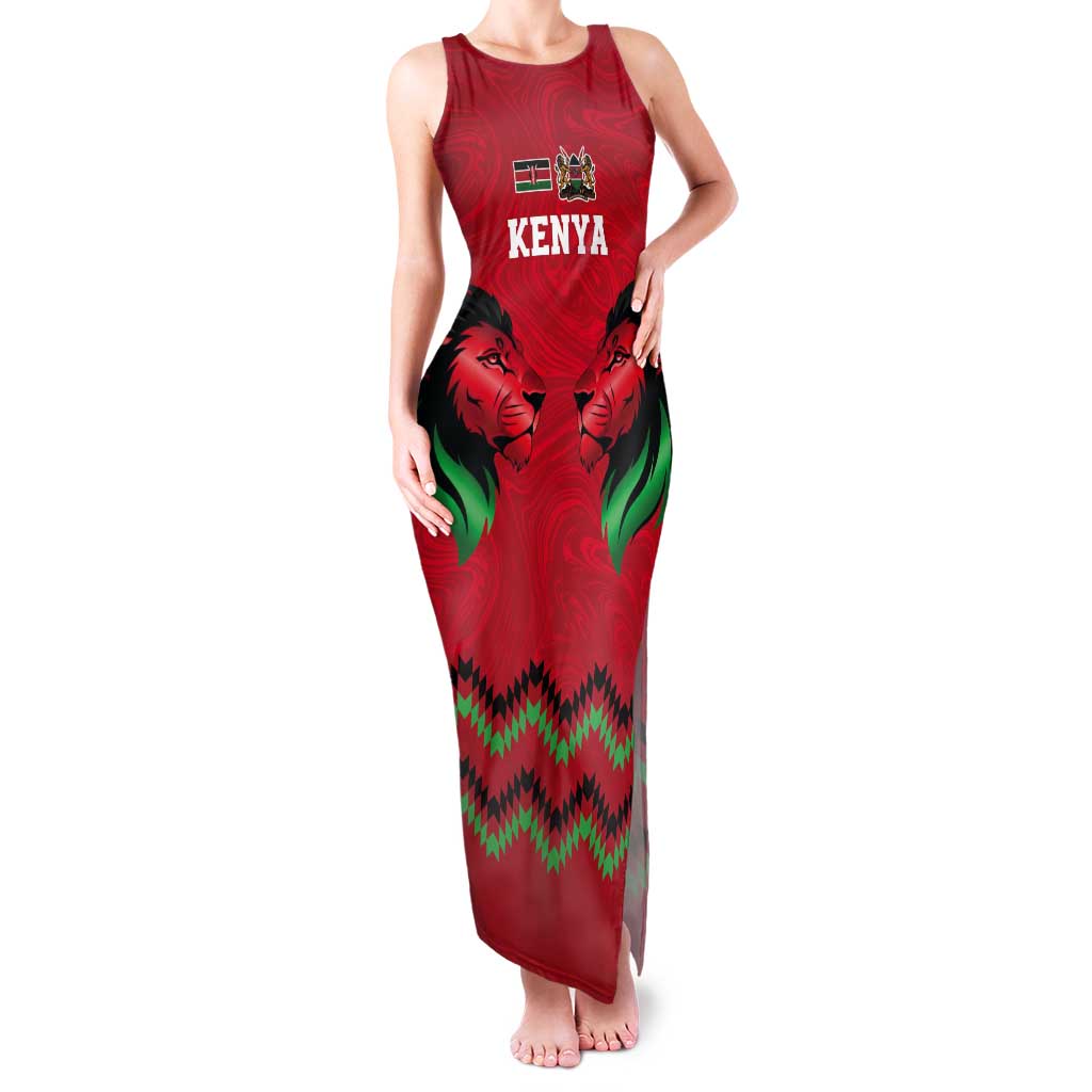 Kenya Cricket Custom Tank Maxi Dress Red Lion Head with Kenyan Pattern - Wonder Print Shop