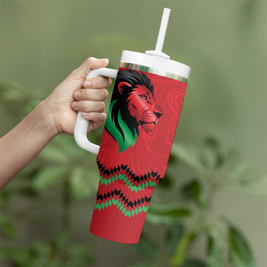 Kenya Cricket Custom Tumbler With Handle Red Lion Head with Kenyan Pattern - Wonder Print Shop