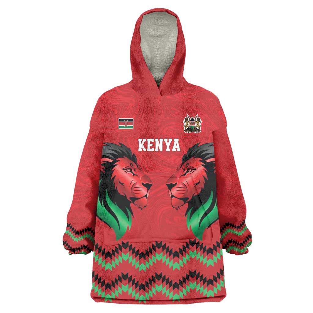 Kenya Cricket Custom Wearable Blanket Hoodie Red Lion Head with Kenyan Pattern - Wonder Print Shop