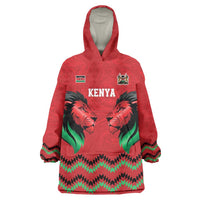 Kenya Cricket Custom Wearable Blanket Hoodie Red Lion Head with Kenyan Pattern - Wonder Print Shop