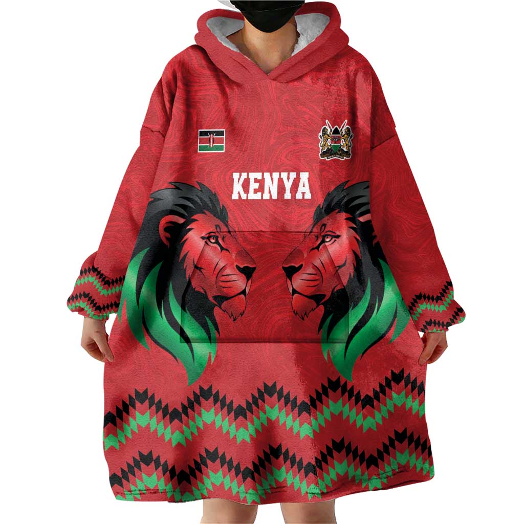 Kenya Cricket Custom Wearable Blanket Hoodie Red Lion Head with Kenyan Pattern - Wonder Print Shop