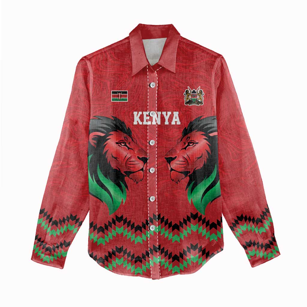 Kenya Cricket Custom Women Casual Shirt Red Lion Head with Kenyan Pattern - Wonder Print Shop