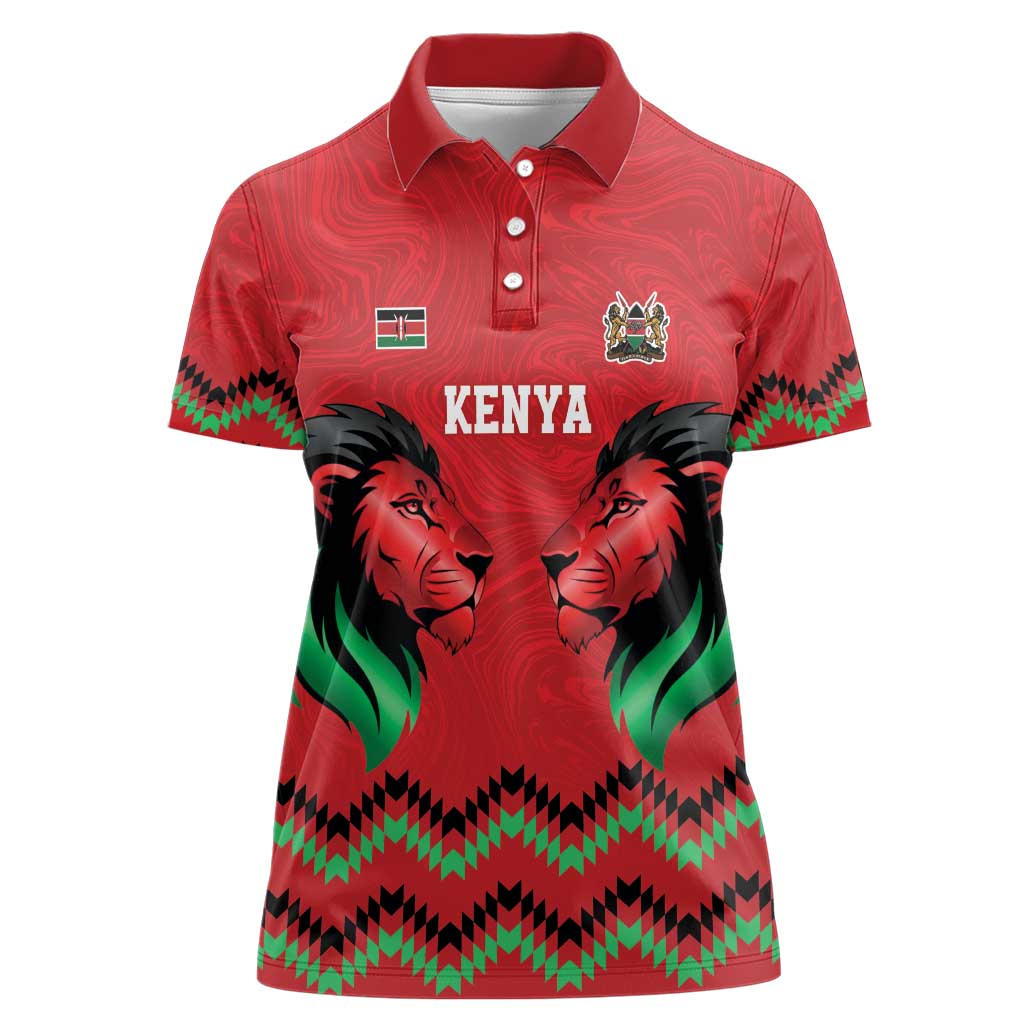 Kenya Cricket Custom Women Polo Shirt Red Lion Head with Kenyan Pattern - Wonder Print Shop
