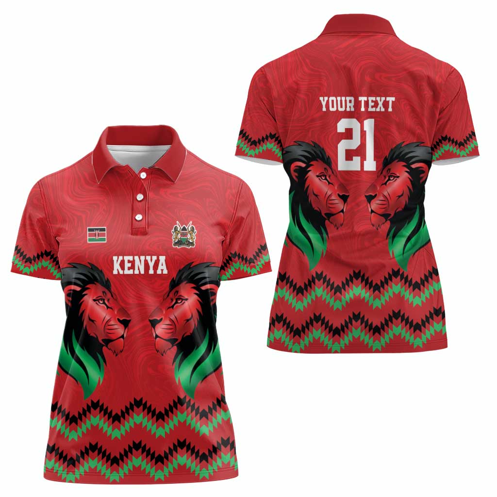 Kenya Cricket Custom Women Polo Shirt Red Lion Head with Kenyan Pattern - Wonder Print Shop