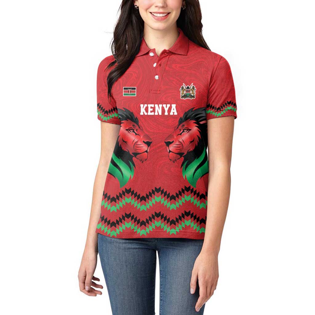 Kenya Cricket Custom Women Polo Shirt Red Lion Head with Kenyan Pattern - Wonder Print Shop