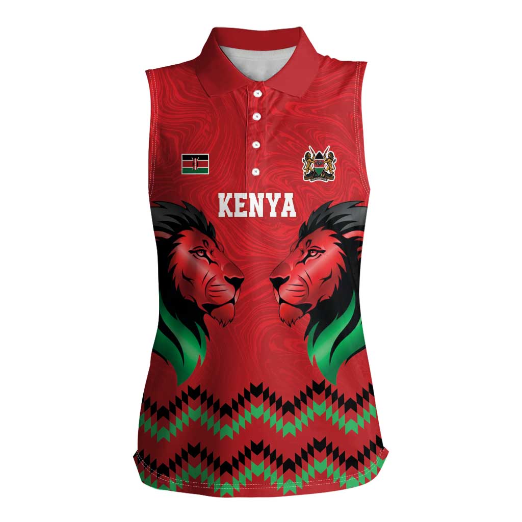 Kenya Cricket Custom Women Sleeveless Polo Shirt Red Lion Head with Kenyan Pattern - Wonder Print Shop