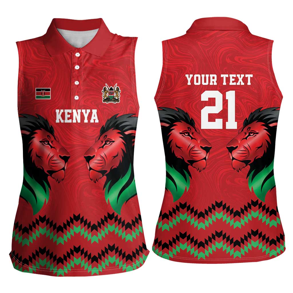 Kenya Cricket Custom Women Sleeveless Polo Shirt Red Lion Head with Kenyan Pattern - Wonder Print Shop