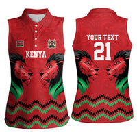 Kenya Cricket Custom Women Sleeveless Polo Shirt Red Lion Head with Kenyan Pattern - Wonder Print Shop