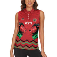 Kenya Cricket Custom Women Sleeveless Polo Shirt Red Lion Head with Kenyan Pattern - Wonder Print Shop