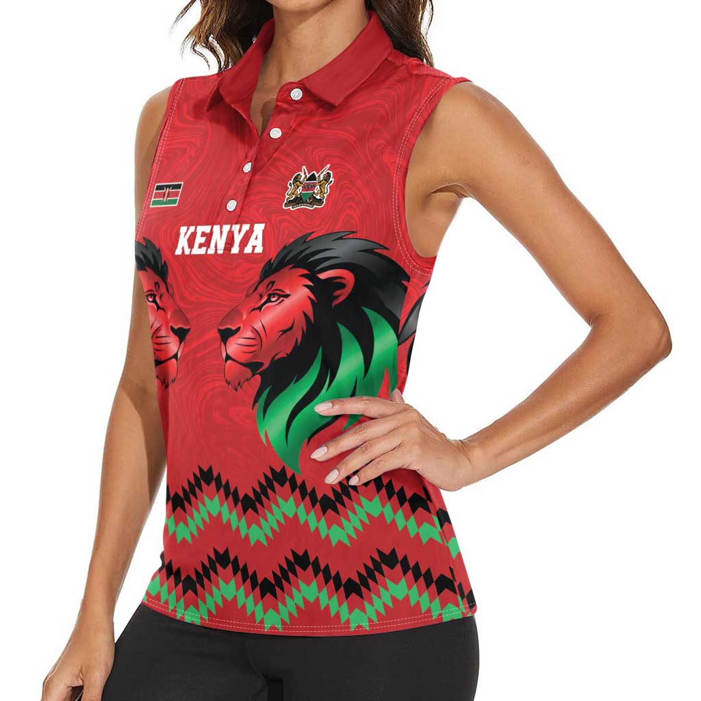 Kenya Cricket Custom Women Sleeveless Polo Shirt Red Lion Head with Kenyan Pattern - Wonder Print Shop