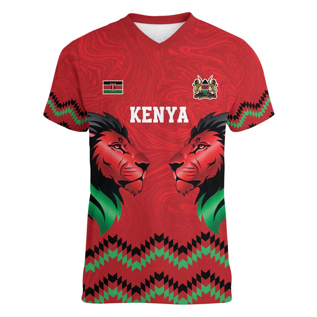 Kenya Cricket Custom Women V-Neck T-Shirt Red Lion Head with Kenyan Pattern - Wonder Print Shop