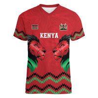 Kenya Cricket Custom Women V-Neck T-Shirt Red Lion Head with Kenyan Pattern - Wonder Print Shop